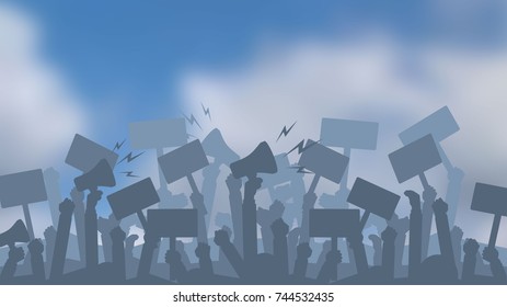 Silhouette Crowd Of People Protesters. . Protest, Revolution, Conflict. Flat Vector Illustration.