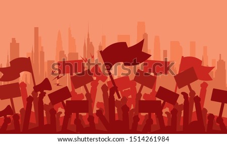 Silhouette crowd of people protesters. Protest, revolution, demonstrators or conflict. Flat vector illustration.