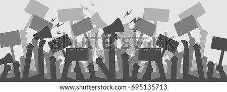 Silhouette crowd of people protesters. . Protest, revolution, conflict. Flat vector illustration.