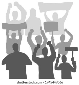 Silhouette of a crowd of people protesting. Protest, revolution, conflict. Flat vector illustration. Protest rally. Vector illustration on white background. For cards, posters.