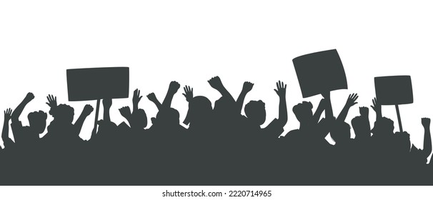 Silhouette of crowd of people with raised hands and banners. Fans on sports game, concert. Peaceful protest for human rights. Demonstration, rally, strike, revolution. Isolated vector illustration