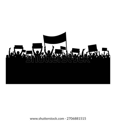 Silhouette crowd protest demonstration holding signs and banners rally people