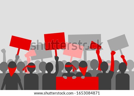 Silhouette Crowd of Protesters Sign. Highlight with Red Color. Flat Vector Illustration. Protest People Activity Concept.