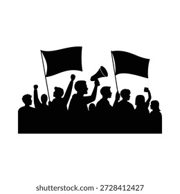 a silhouette of a crowd protesting with flags and a megaphone raising their hands