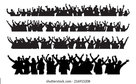 Silhouette crowd raising hands during concert over white background. Vector image