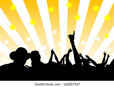 Silhouette of a crowd of spectators on background of light stripes. Property release is attached to the file