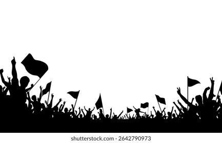 Silhouette of a crowd of supporters with flags and cheers on white background. parties and celebrations.