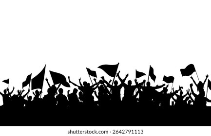 Silhouette of a crowd of supporters with flags and cheers on white background. fun and revelry.