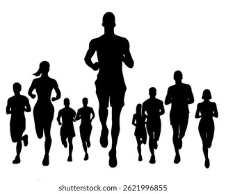 Silhouette of crowd of young people running, morning jogging, isolated icon on white background.	