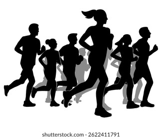 Silhouette of crowd of young people running, morning jogging, isolated icon on white background.	