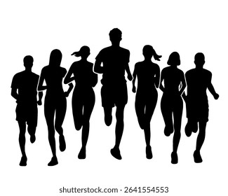 Silhouette of crowd of young people running, morning jogging, isolated icon on white background.	