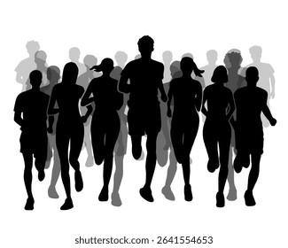 Silhouette of crowd of young people running, morning jogging, isolated icon on white background.	