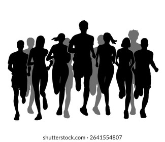 Silhouette of crowd of young people running, morning jogging, isolated icon on white background.	