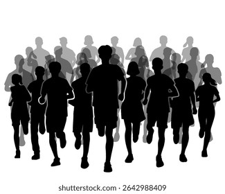 Silhouette of crowd of young people running, morning jogging, isolated icon on white background.	