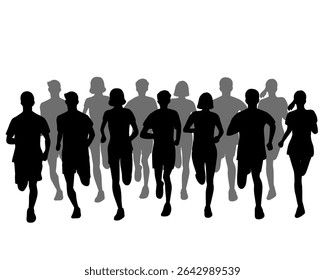 Silhouette of crowd of young people running, morning jogging, isolated icon on white background.	