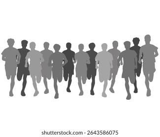 Silhouette of crowd of young people running, morning jogging, isolated icon on white background.	