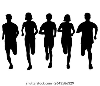 Silhouette of crowd of young people running, morning jogging, isolated icon on white background.	