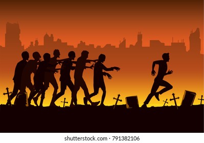 Silhouette of Crowd Zombie following a man which run away in the graveyard of abandoned city. 