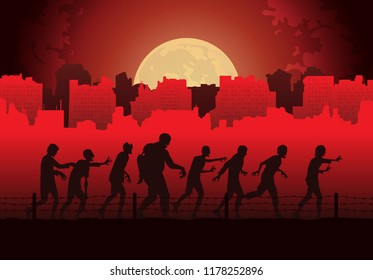 Silhouette Menge von Zombies zu Fuß, um Opfer auf verlassenem städtischen Hintergrund zu finden. Red Theme Illustration über Halloween.