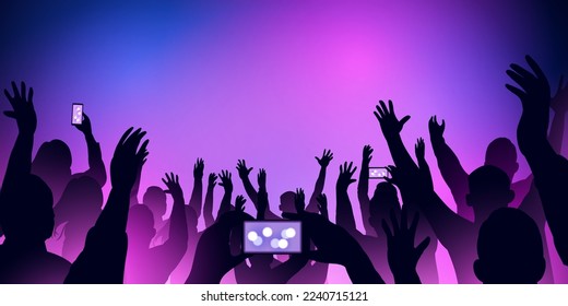 Silhouette of crowds putting hands up and capturing pictures with smartphones on neon background.