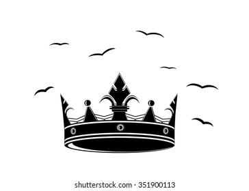 A silhouette of a crown and flock, black birds on a white background