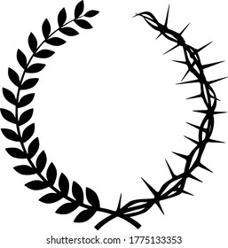 Silhouette of crown of thorns and roman laurel crown. Vector.