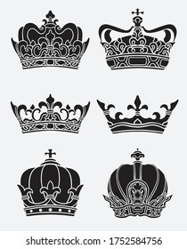 silhouette Crown vector set. clip art black and white illustration.
