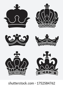 silhouette Crown vector set. clip art black and white illustration.