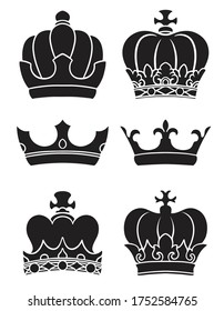 silhouette Crown vector set. clip art black and white illustration.