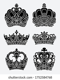 silhouette Crown vector set. clip art black and white illustration.