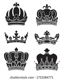 silhouette Crown vector set. clip art black and white illustration.