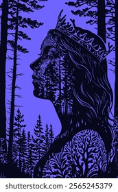 Silhouette of a crowned woman filled with intricate patterns of trees and foliage, blending her profile with the surrounding forest. Vector illustration