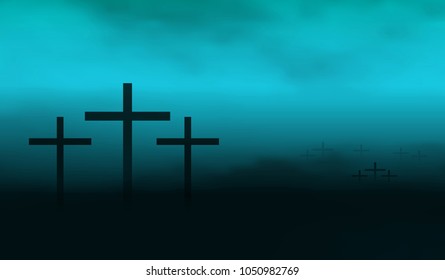 Silhouette of crucifixes in a mist. Cross graves in the fog