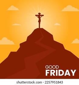 Silhouette Crucifixion of Jesus Christ on Calvary Mountain with sunset behind. Good friday background. Chistian holy week concept design. Vector art illustration.