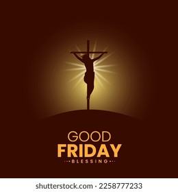 Silhouette Crucifixion of Jesus Christ on Golgotha. Good friday background, banner, card, poster, landscape and template. Christian holy week concept design. Vector art illustration.