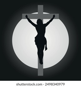 Silhouette of the crucifixion of Jesus. Messiah on the cross. Vector on a dark background.
