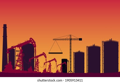 silhouette crude oil pump station and tank construction site on orange gradient background