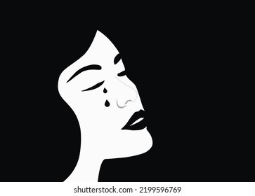 Silhouette of crying woman face on black background. Sadness and depression, broken heart feeling and stop violence against woman concept
 svg