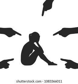 Silhouette of crying woman trying to hide herself from hands of accusers. Victim blaming concept. Vector illustration, isolated on white.