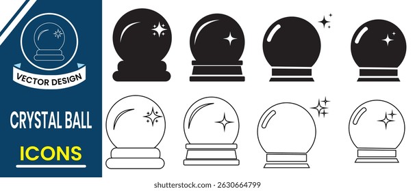 Silhouette of crystal, magic ball vector symbol with star. Crystal ball icon vector set. Vector illustration of crystal balls with line art.