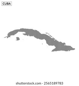 The silhouette of Cuba is highlighted in dots against a textured background, emphasizing its geographic shape and features.