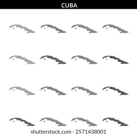 The silhouette of Cuba is highlighted in dots against a textured background, emphasizing its geographic shape and features.