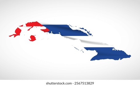 Silhouette of Cuba map filled with the Cuban flag design, symbolizing national pride, cultural heritage, and geographic uniqueness.  
