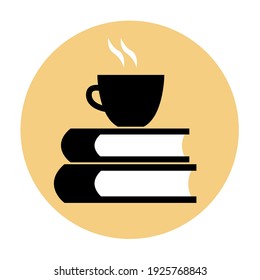 Silhouette of a cup with coffee on a stack of books. Education and training symbol. Vector isolated illustration