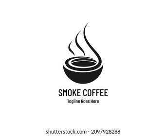 Silhouette of a cup of coffee with smoke coming out of coffee beans in a cup for coffee shop logo