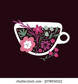 Silhouette cup herbal tea with different flowers on dark background. Tea party. Hand drawn vector illustration in Scandinavian style for websites, applications,  posters, stickers, postcards