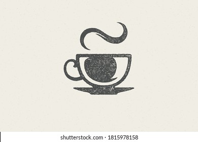 Silhouette cup hot aromatic drink with whiff of steam as coffee house logo hand drawn stamp effect vector illustration. Vintage grunge texture for packaging and menu design or label decoration.