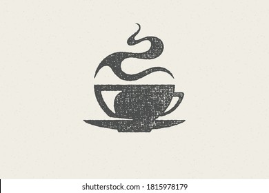 Taza de silueta bebida aromática caliente con el timo de vapor como el logotipo de la casa de café efecto estampado a mano efecto vectorial ilustración. Textura de grano vintage para el embalaje y diseño de menú o decoración de etiquetas.