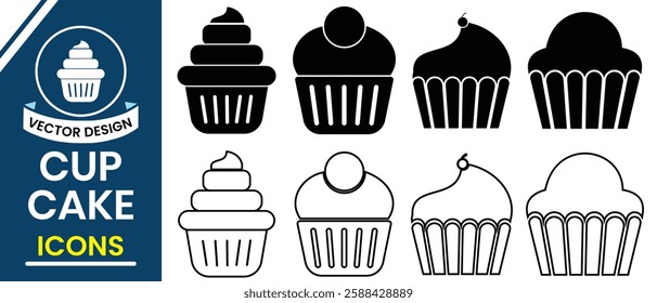 Silhouette of cupcake  with cherry icon symbol set. Cupcake icon vector set. Cup cake design for birth day, web, app, logo. Vector illustration.