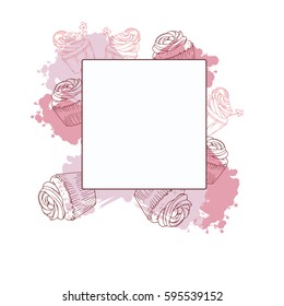 Silhouette cupcakes on white background with pink and lilac brushstrokes on white background. Window for text. Hand drawn vector illustration.